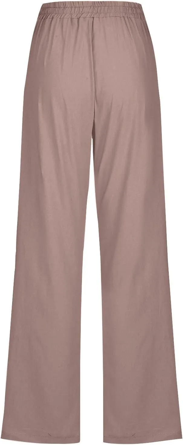 Womens Linen Pants Casual Loose Elastic Waist Drawstring Trousers Trendy Straight Leg Lounge Pants with Pockets