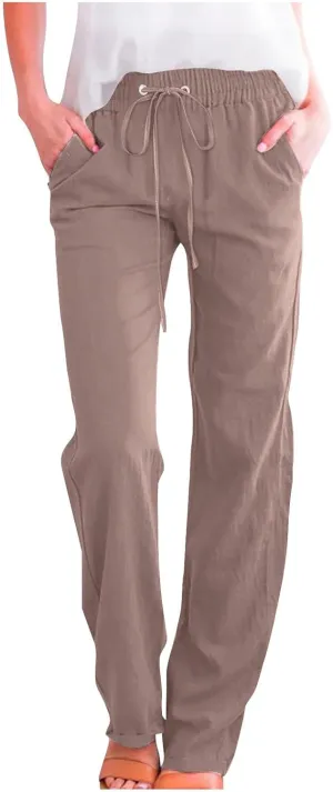 Womens Linen Pants Casual Loose Elastic Waist Drawstring Trousers Trendy Straight Leg Lounge Pants with Pockets