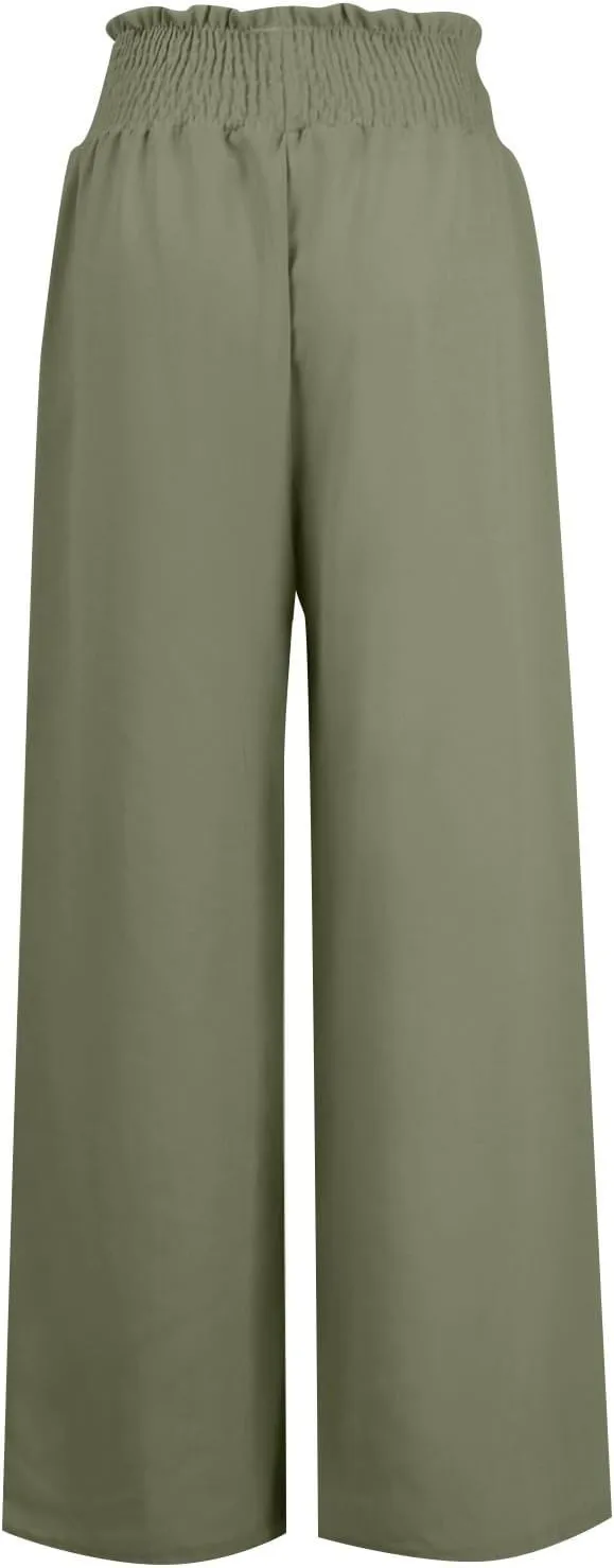 Womens Linen Pants Elastic High Waisted Wide Leg Palazzo Lounge Slacks Summer Casual Beach Boho Trousers with Pockets