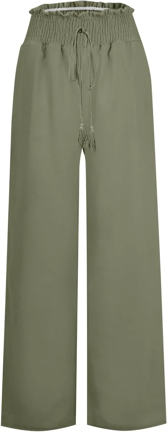 Womens Linen Pants Elastic High Waisted Wide Leg Palazzo Lounge Slacks Summer Casual Beach Boho Trousers with Pockets