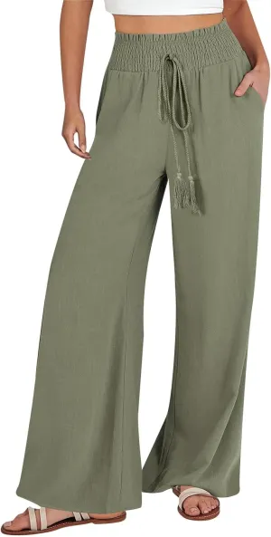 Womens Linen Pants Elastic High Waisted Wide Leg Palazzo Lounge Slacks Summer Casual Beach Boho Trousers with Pockets
