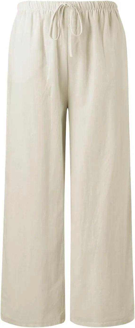 Women's Linen Pants Flowy Summer Palazzo Pant High Waist Wide Leg Beach Trousers with Pockets