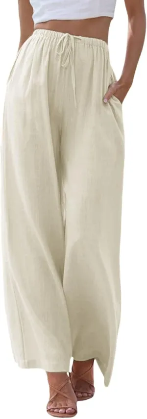 Women's Linen Pants Flowy Summer Palazzo Pant High Waist Wide Leg Beach Trousers with Pockets