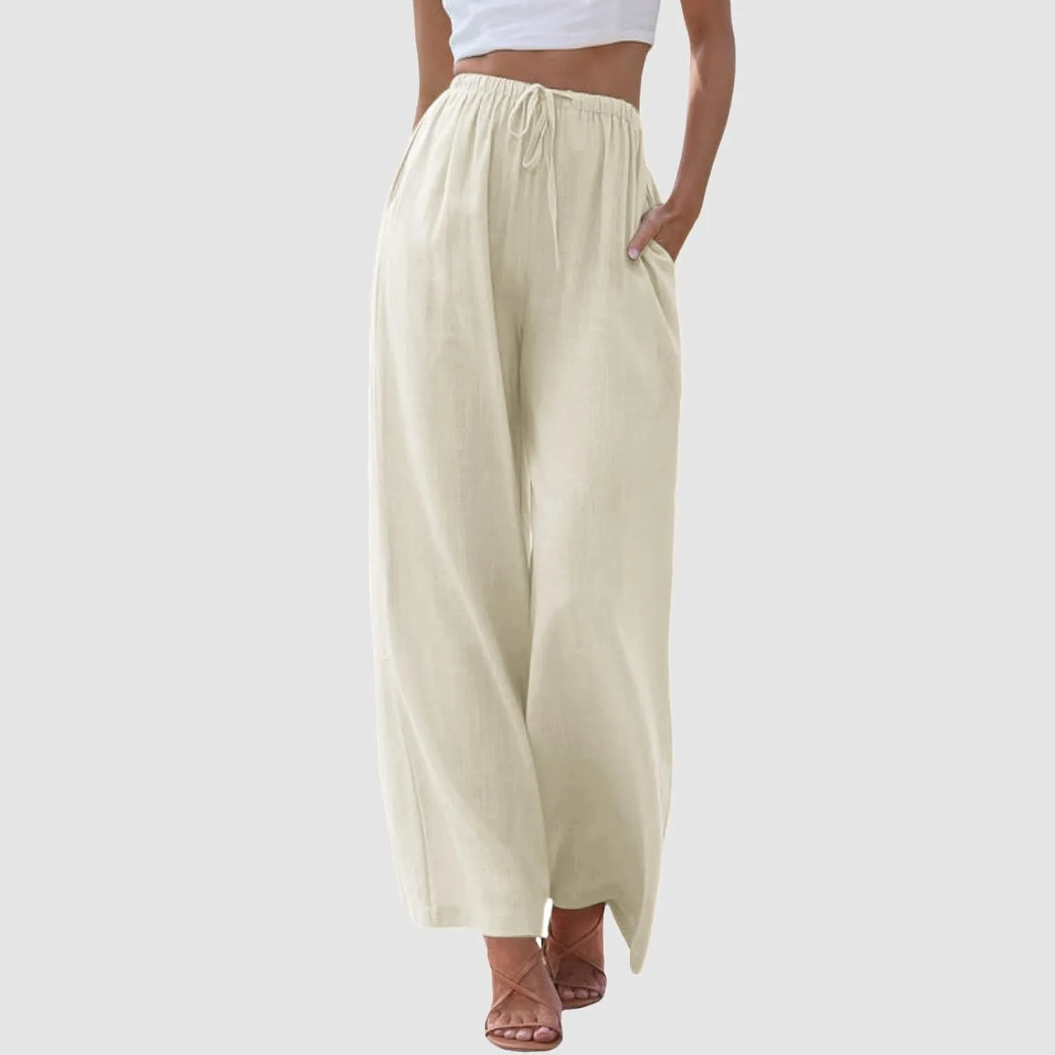 Women's Linen Pants Flowy Summer Palazzo Pant High Waist Wide Leg Beach Trousers with Pockets