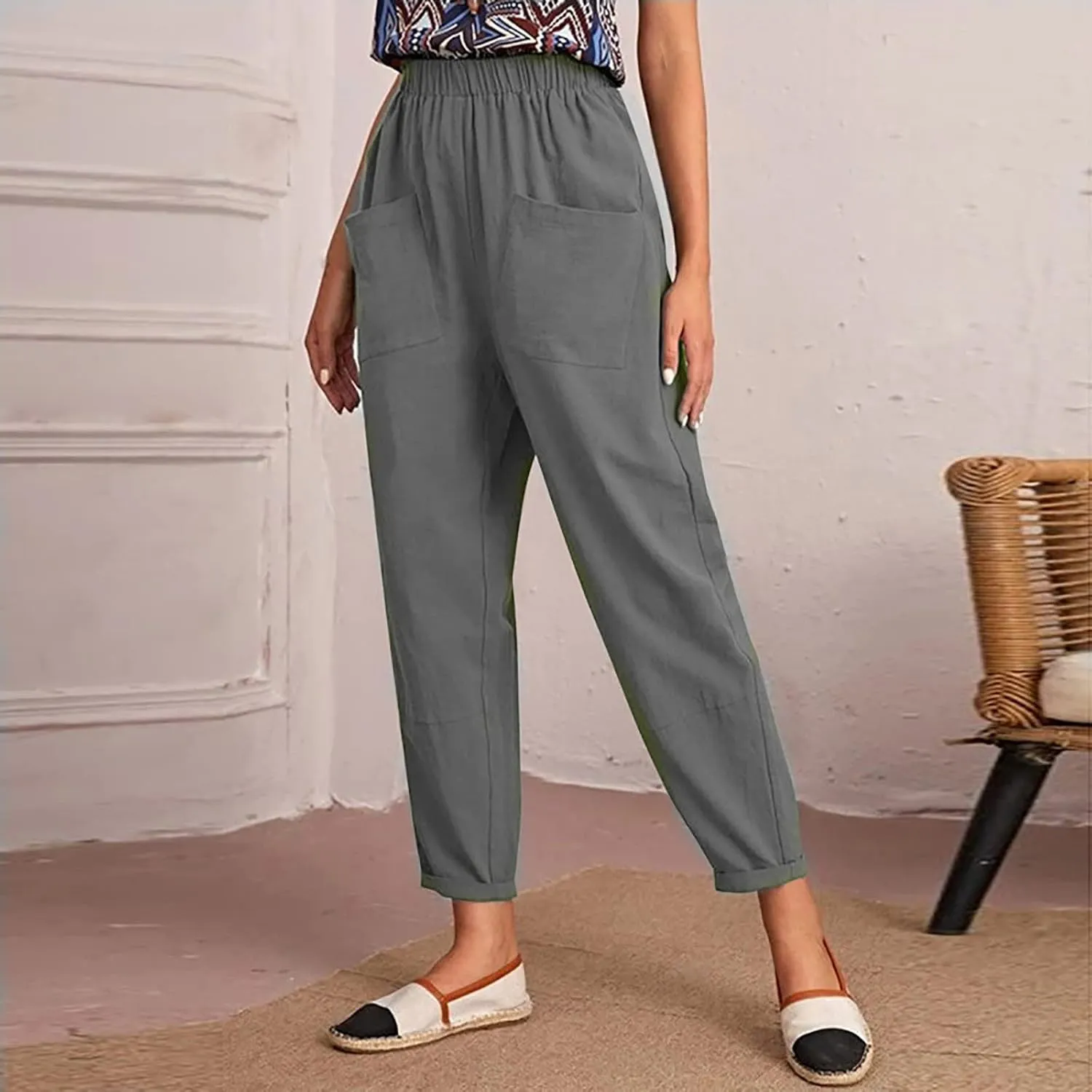 Womens Linen Pants Summer Casual Loose Elastic Waist Straight Wide Leg Pants Lightweight Tall Linen Pants Trousers