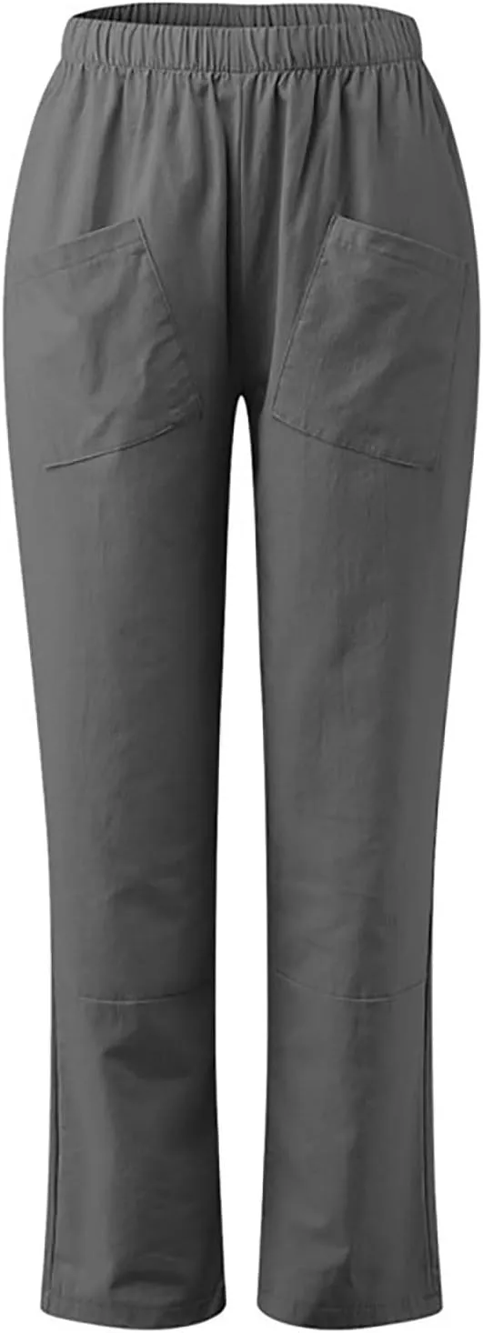 Womens Linen Pants Summer Casual Loose Elastic Waist Straight Wide Leg Pants Lightweight Tall Linen Pants Trousers