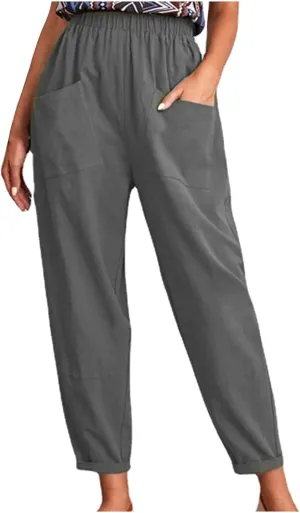 Womens Linen Pants Summer Casual Loose Elastic Waist Straight Wide Leg Pants Lightweight Tall Linen Pants Trousers