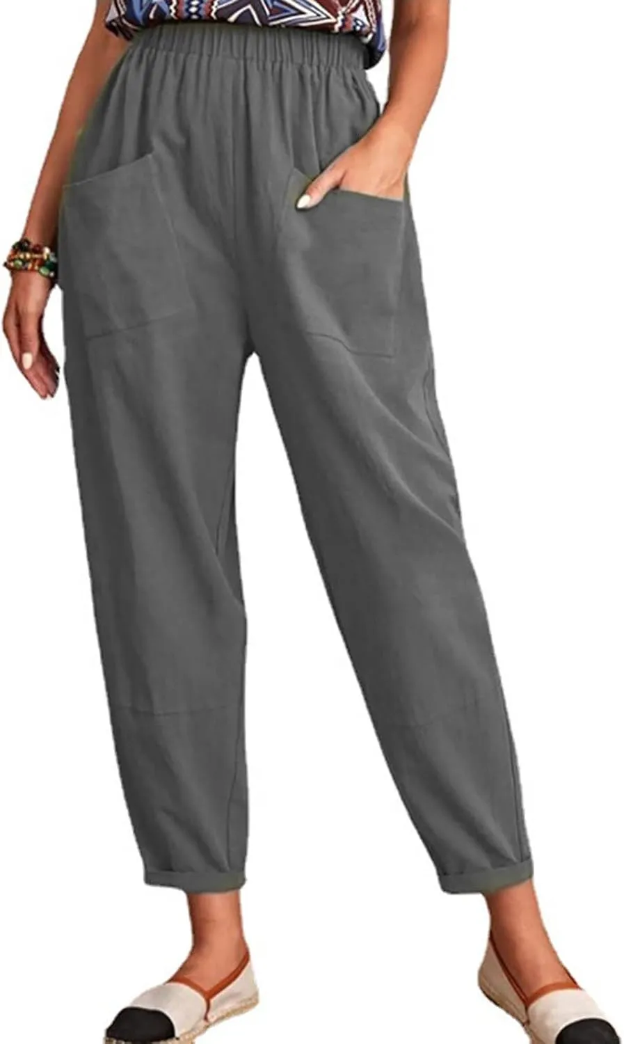 Womens Linen Pants Summer Casual Loose Elastic Waist Straight Wide Leg Pants Lightweight Tall Linen Pants Trousers