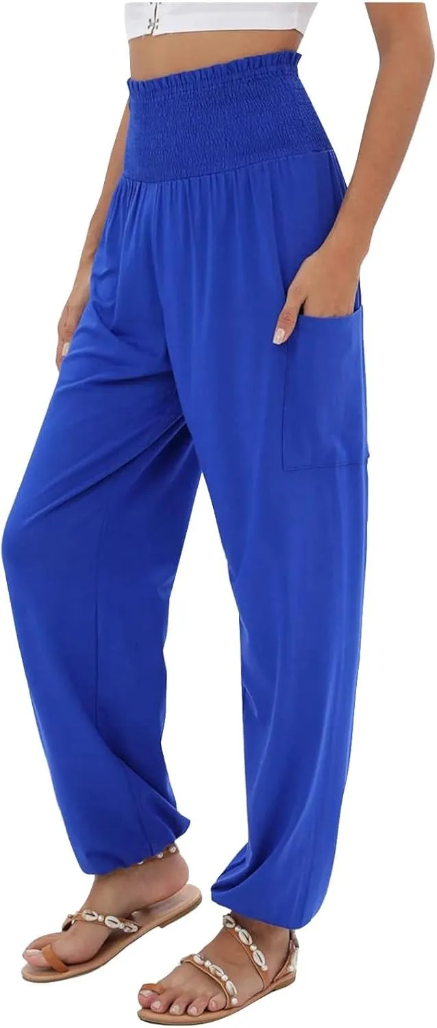 Women's Linen Summer Drawstring Palazzo Pants Elastic Waist Wide Leg Slim-Fit Pant Trousers Beach