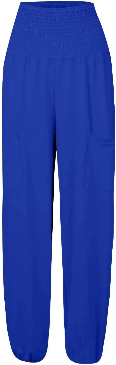 Women's Linen Summer Drawstring Palazzo Pants Elastic Waist Wide Leg Slim-Fit Pant Trousers Beach