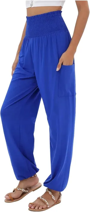 Women's Linen Summer Drawstring Palazzo Pants Elastic Waist Wide Leg Slim-Fit Pant Trousers Beach
