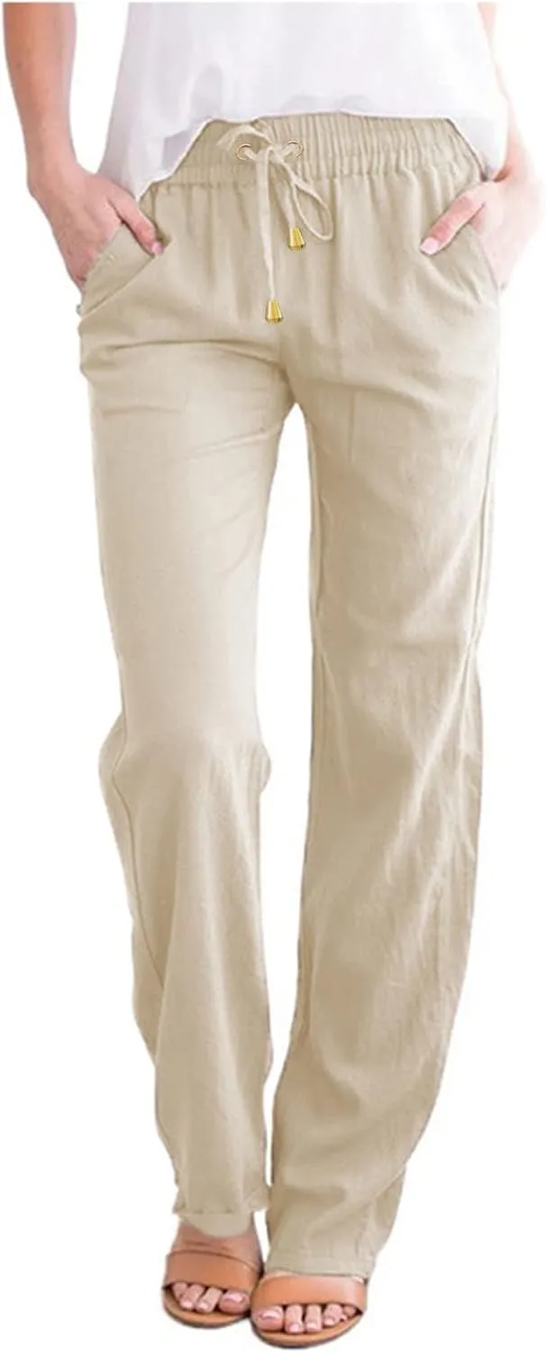Women's Linen Summer Y2K Fashion Palazzo Pants Elastic Waisted Straight Plus Size Trouser Vacation