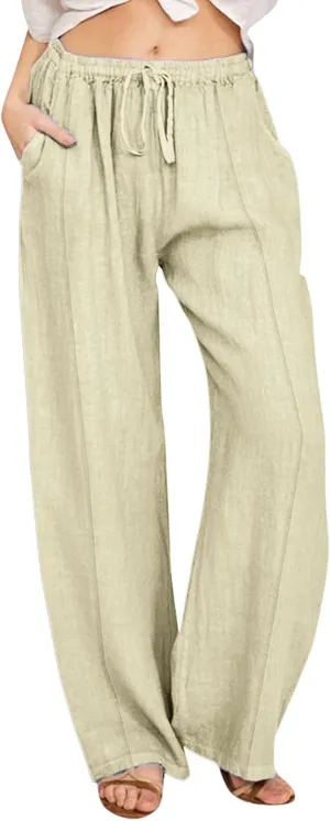 Womens Linen Wide Leg Pants Pull On Drawstring Comfy Casual Beach Palazzo Harem Summer Trousers with Pockets