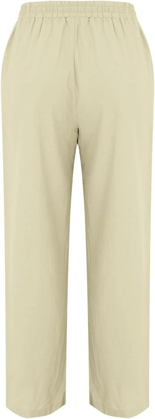 Womens Linen Wide Leg Pants Pull On Drawstring Comfy Casual Beach Palazzo Harem Summer Trousers with Pockets