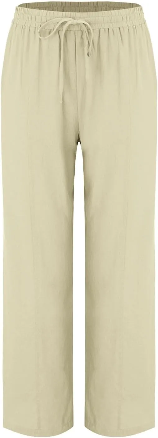 Womens Linen Wide Leg Pants Pull On Drawstring Comfy Casual Beach Palazzo Harem Summer Trousers with Pockets