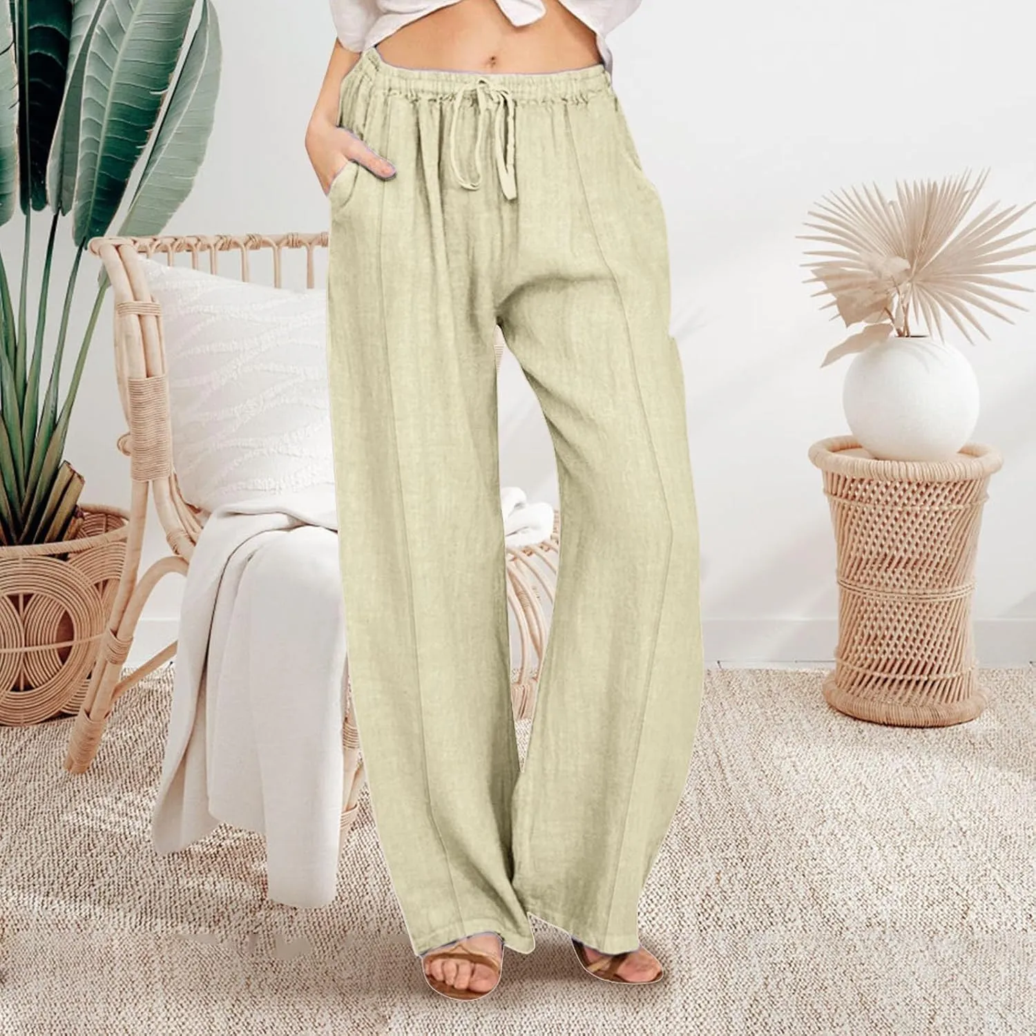Womens Linen Wide Leg Pants Pull On Drawstring Comfy Casual Beach Palazzo Harem Summer Trousers with Pockets