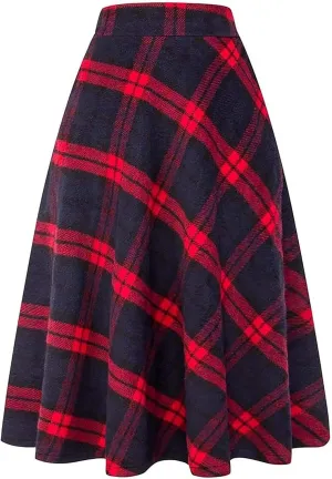 Women's Long Plaid Wool Skirt Fall Winter High Waist A-line Pleated Wool Tartan Skirts