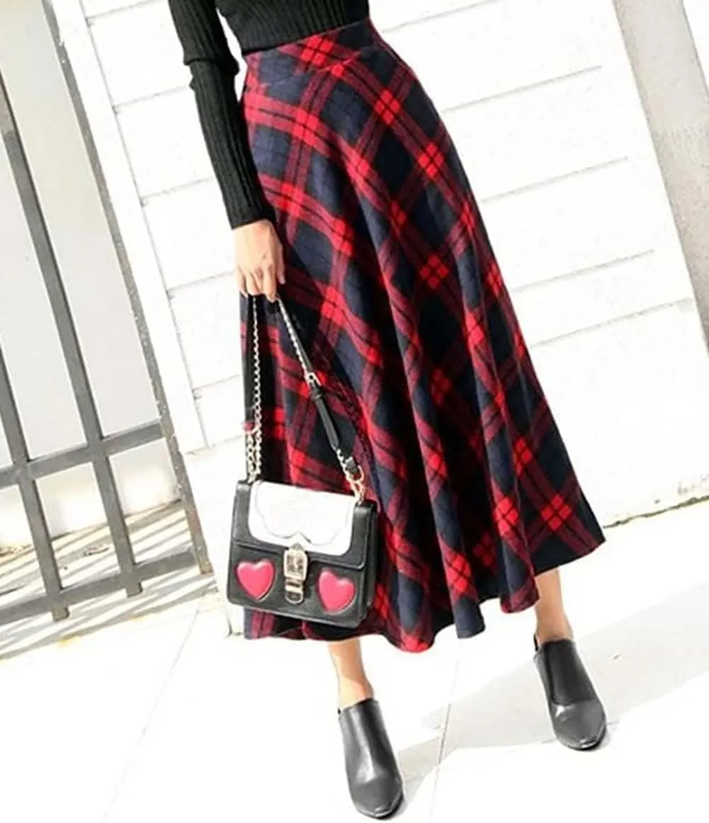 Women's Long Plaid Wool Skirt Fall Winter High Waist A-line Pleated Wool Tartan Skirts