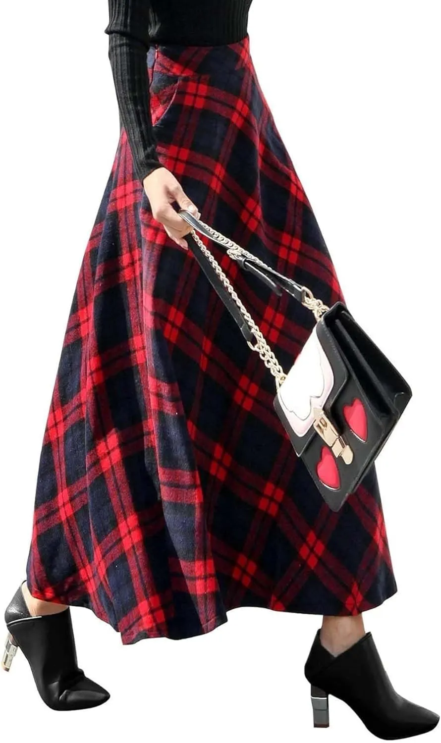 Women's Long Plaid Wool Skirt Fall Winter High Waist A-line Pleated Wool Tartan Skirts