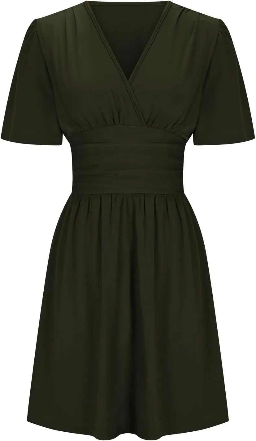 Womens Mini Dress Casual Elegant Ruffle Short Sleeve Party Dresses Sexy V Neck Ruched Waist Beach Flowy Sundress