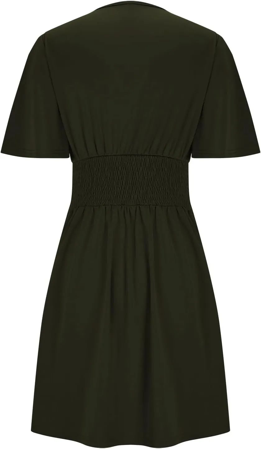 Womens Mini Dress Casual Elegant Ruffle Short Sleeve Party Dresses Sexy V Neck Ruched Waist Beach Flowy Sundress