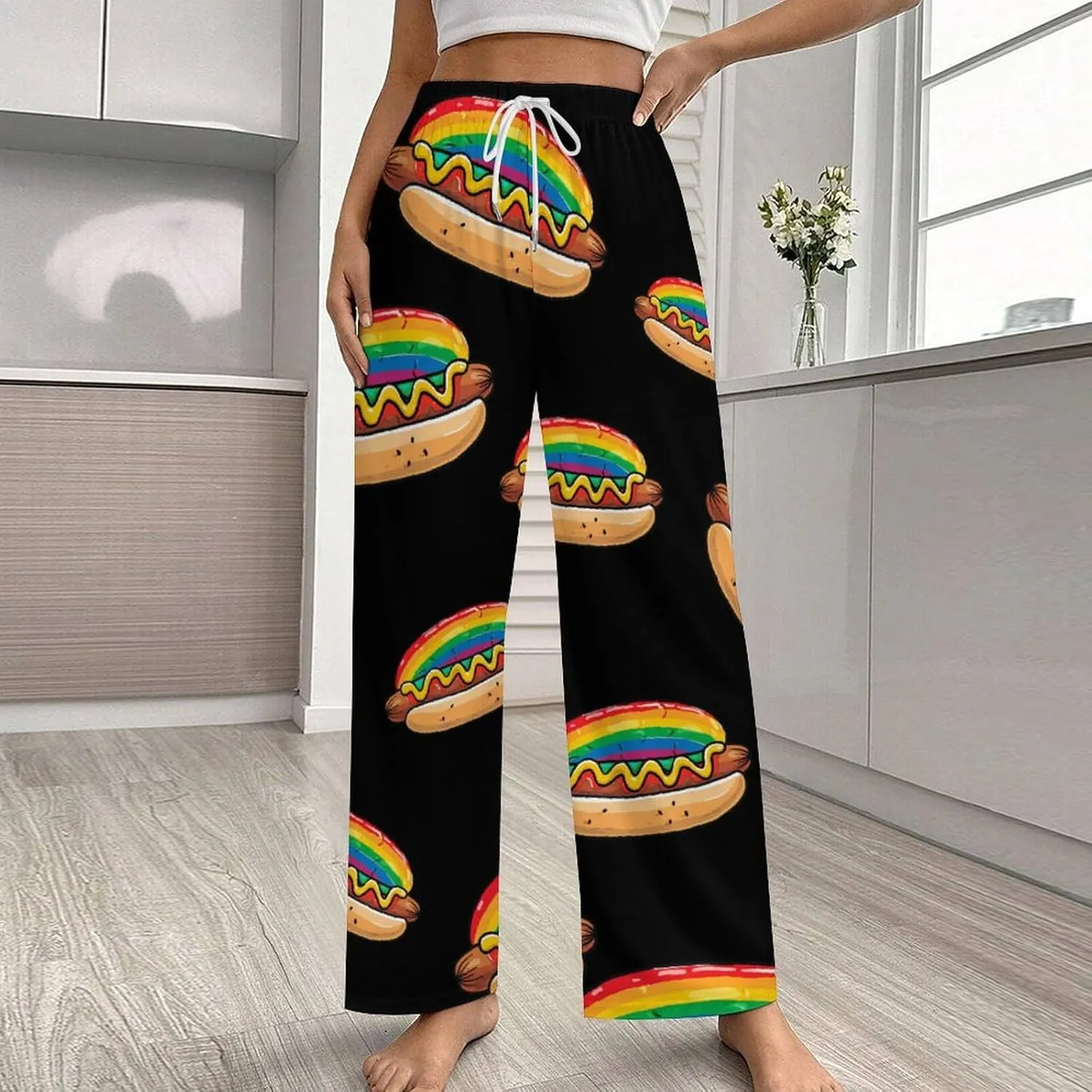 Women's Pajama Pants Fast Food Colorful Hotdog Lightweight Lounge Pants Pj Bottoms with Pockets