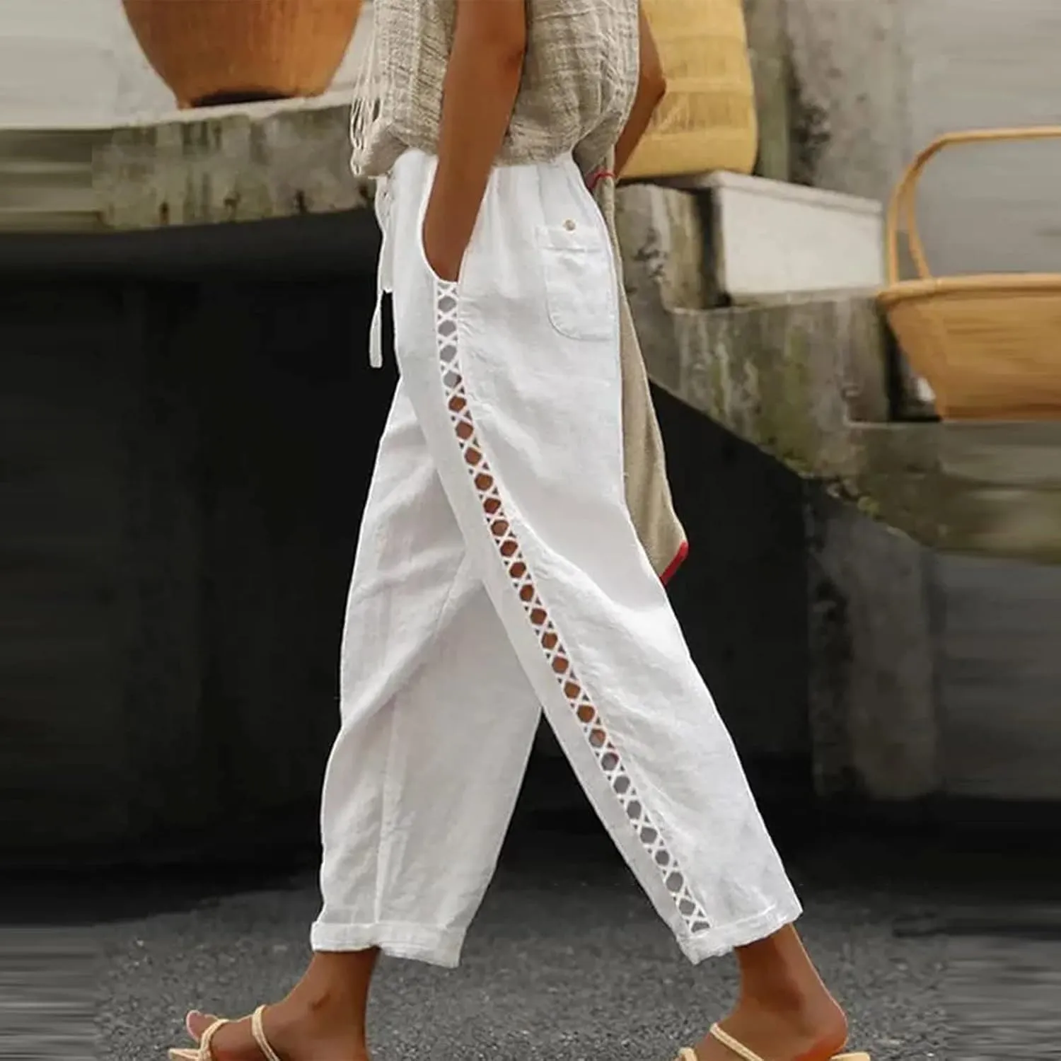 Womens Pants, Casual Pants Peasant Linen Straight Leg Drawstring Plaid 2025 Loose