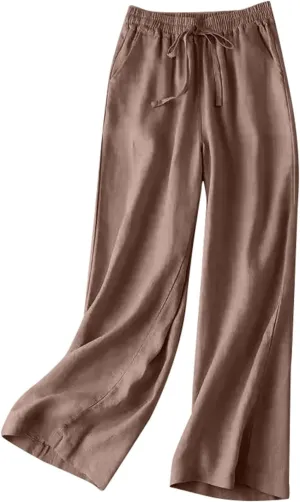 Women's Pants, Wide Leg Cotton Linen Straight High Waisted Pants Lightweight Smocked