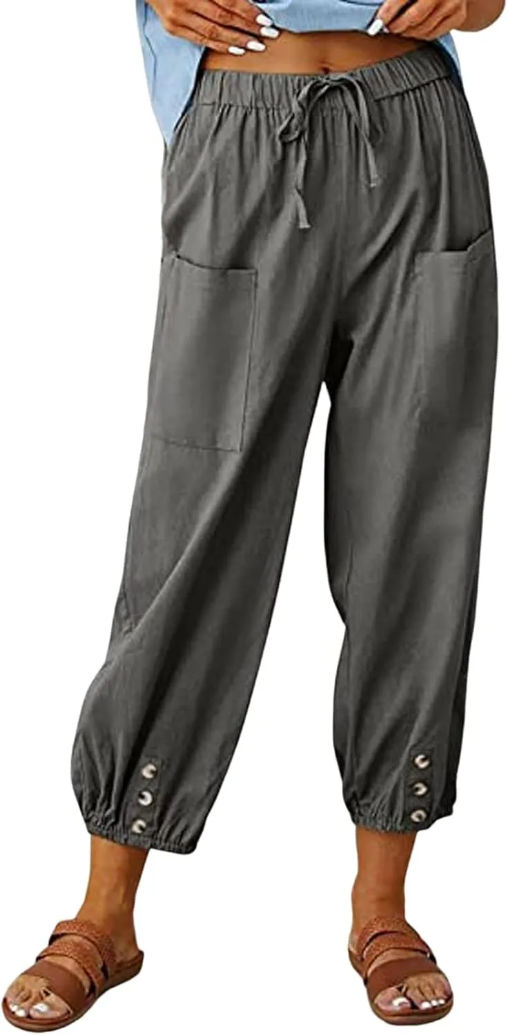 Women's Plus Size Capri Pants High Waist Drawstring Cinch Cotton Linen Casual Button Trouser with Pockets