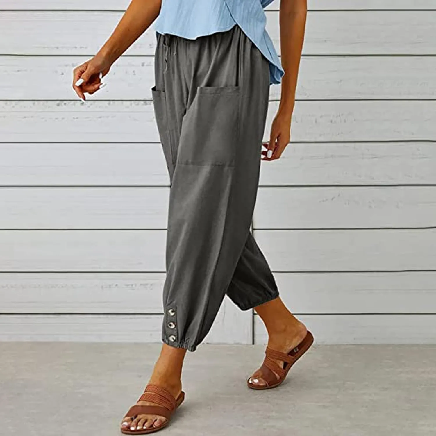 Women's Plus Size Capri Pants High Waist Drawstring Cinch Cotton Linen Casual Button Trouser with Pockets
