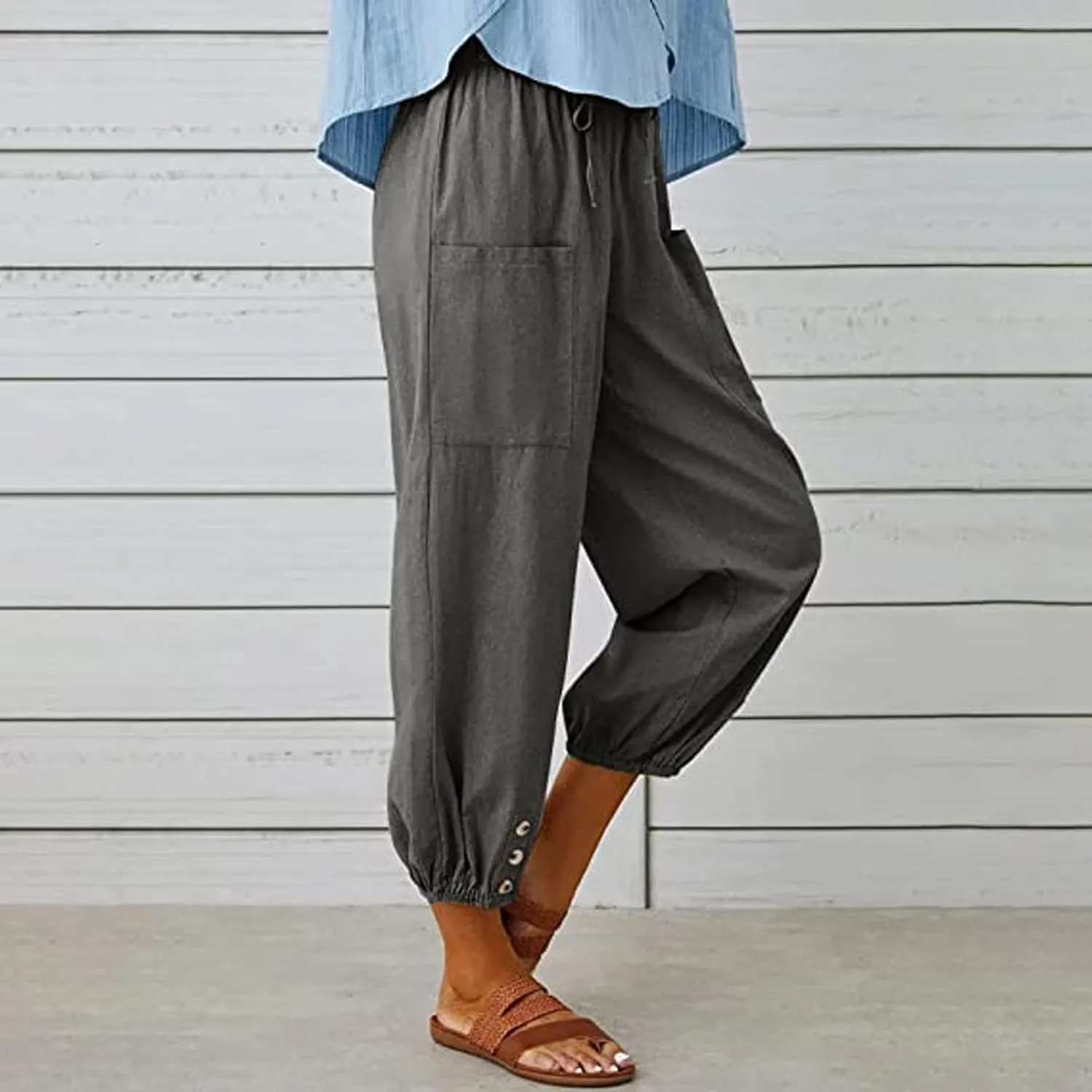 Women's Plus Size Capri Pants High Waist Drawstring Cinch Cotton Linen Casual Button Trouser with Pockets