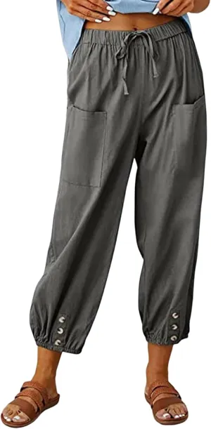 Women's Plus Size Capri Pants High Waist Drawstring Cinch Cotton Linen Casual Button Trouser with Pockets