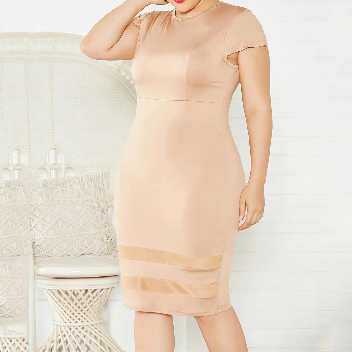 Women's Plus Size Summer T-Shirt Dresses Casual Crewneck Short Sleeve Lace Patchwork Bodycon Party Midi Formal Dress