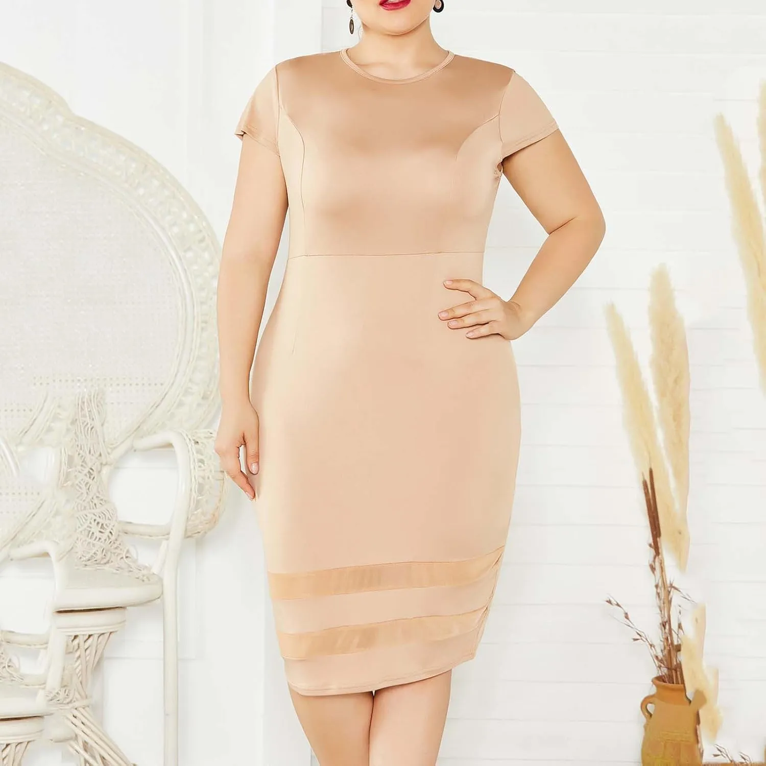 Women's Plus Size Summer T-Shirt Dresses Casual Crewneck Short Sleeve Lace Patchwork Bodycon Party Midi Formal Dress