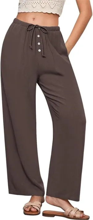 Women's Solid Cotton Linen Wide Leg Pants Low Waisted Casual Trousers Lightweight Summer Drawstring Beach Vacation Trouser