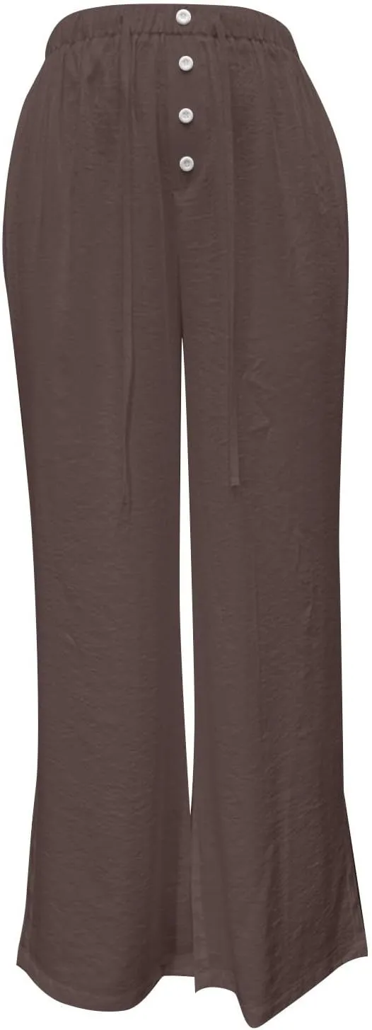 Women's Solid Cotton Linen Wide Leg Pants Low Waisted Casual Trousers Lightweight Summer Drawstring Beach Vacation Trouser