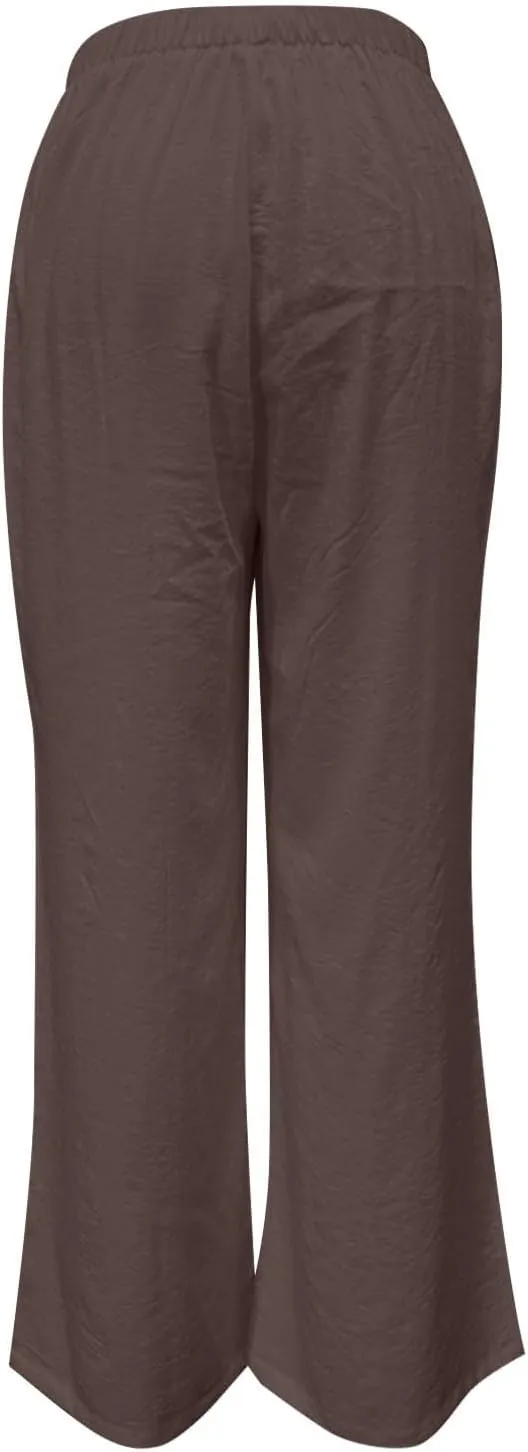 Women's Solid Cotton Linen Wide Leg Pants Low Waisted Casual Trousers Lightweight Summer Drawstring Beach Vacation Trouser