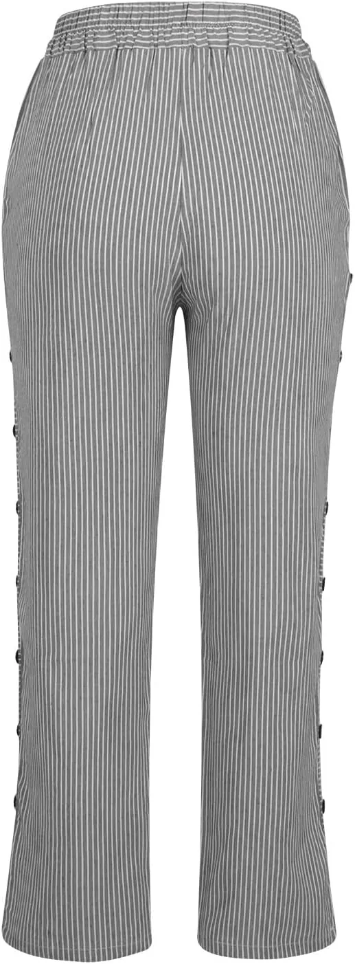 Womens Striped Side Button Pant Stretch High Waist Straight Leg Pant Loose Casual Aesthetic Retro Trouser with Pocket
