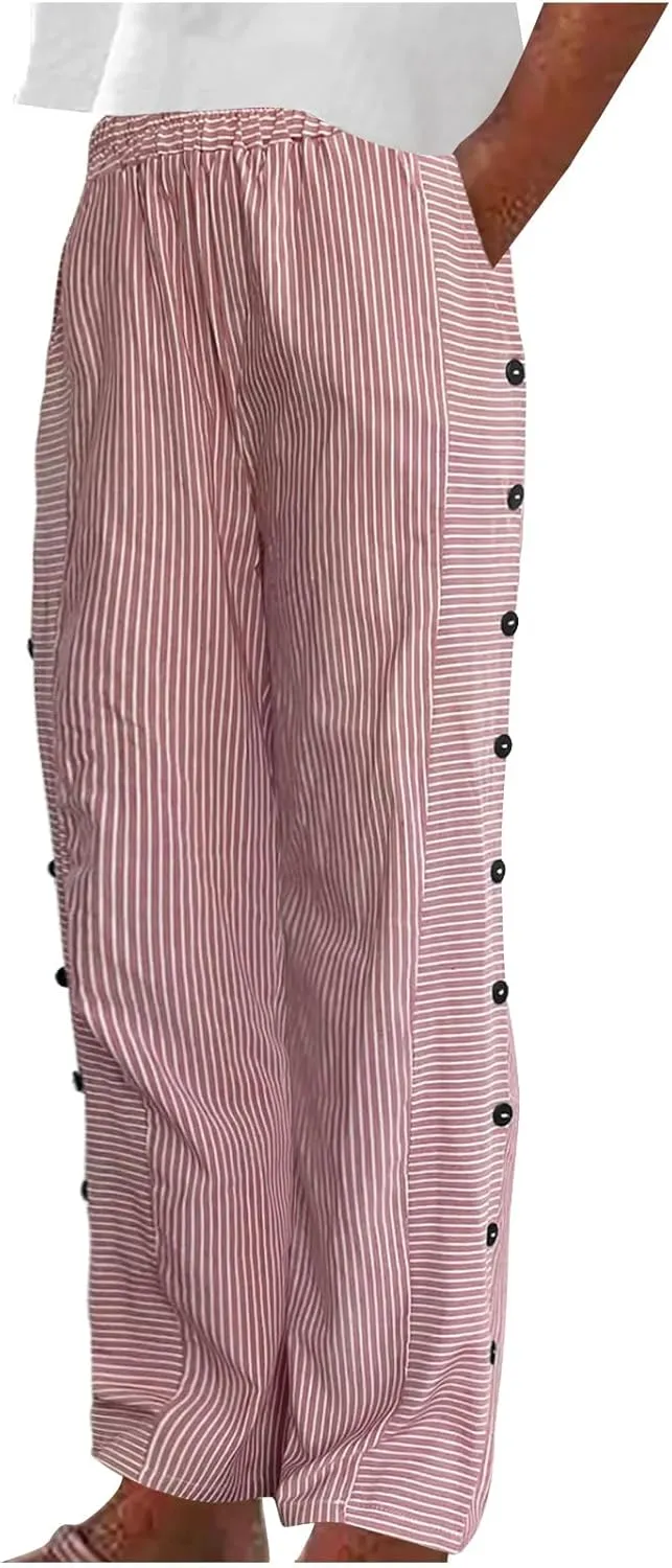 Womens Striped Side Button Pant Stretch High Waist Straight Leg Pant Loose Casual Aesthetic Retro Trouser with Pocket