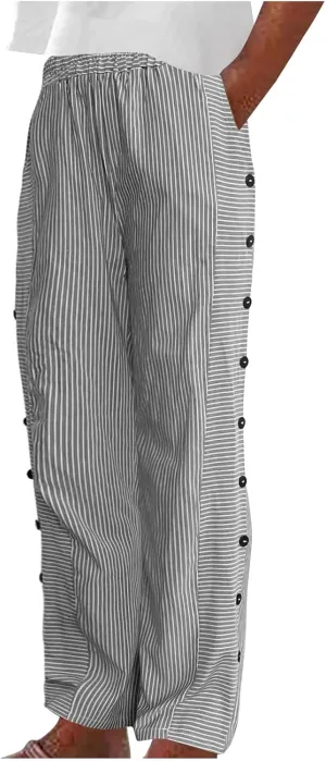 Womens Striped Side Button Pant Stretch High Waist Straight Leg Pant Loose Casual Aesthetic Retro Trouser with Pocket
