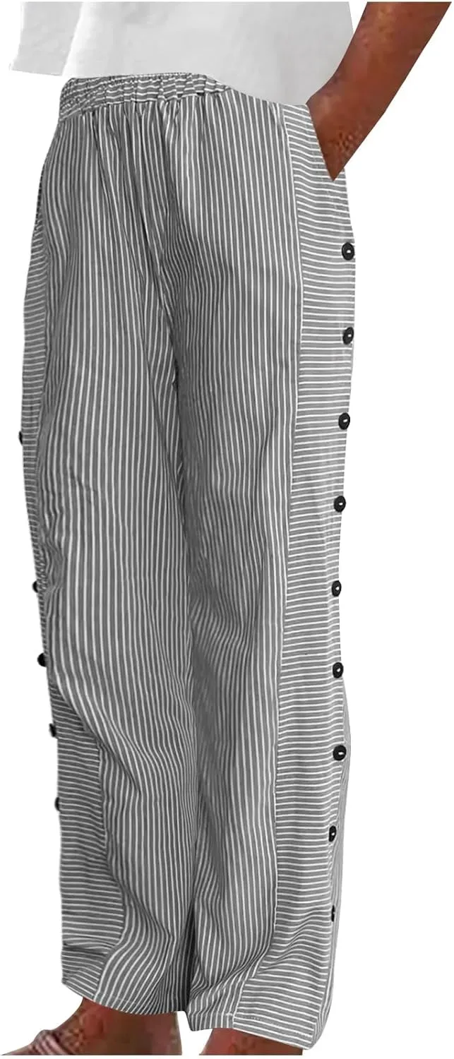 Womens Striped Side Button Pant Stretch High Waist Straight Leg Pant Loose Casual Aesthetic Retro Trouser with Pocket