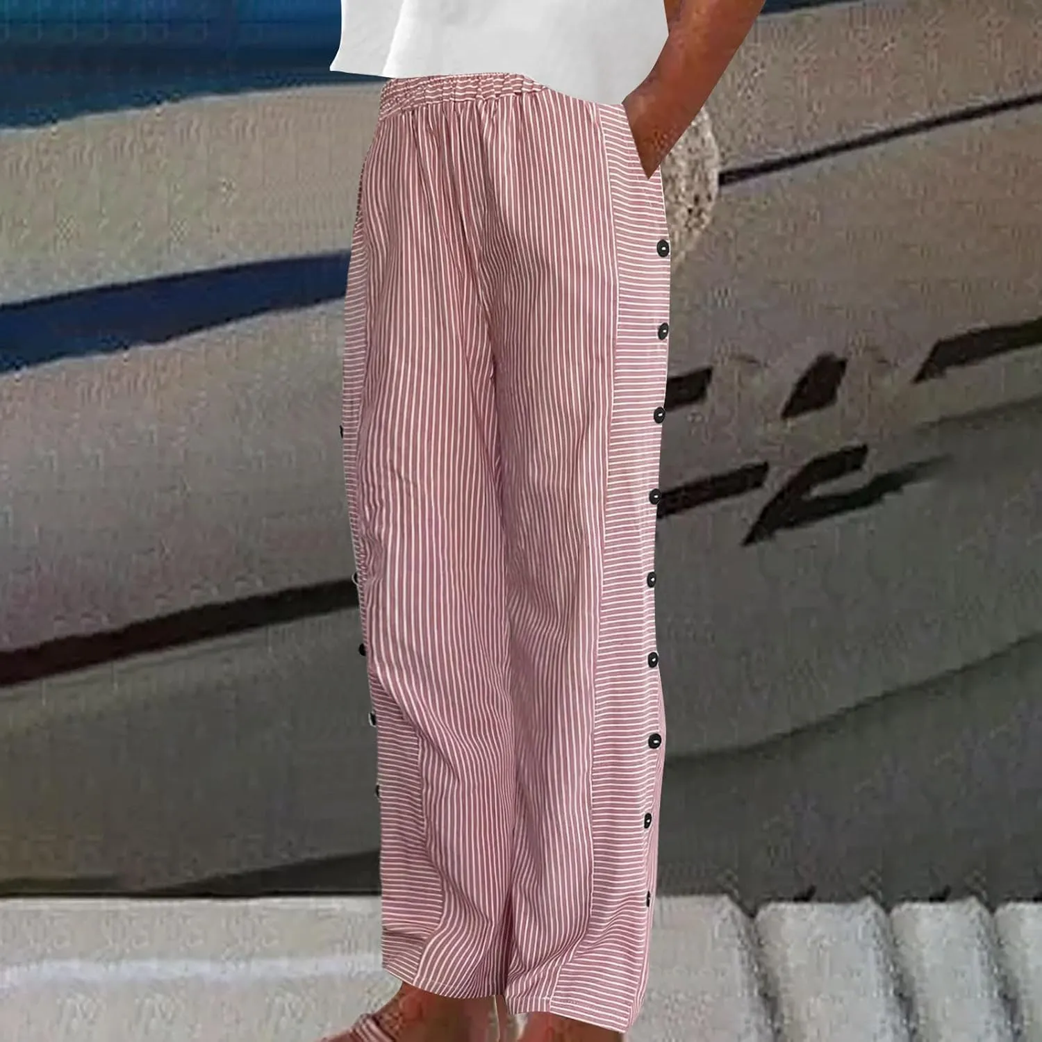 Womens Striped Side Button Pant Stretch High Waist Straight Leg Pant Loose Casual Aesthetic Retro Trouser with Pocket