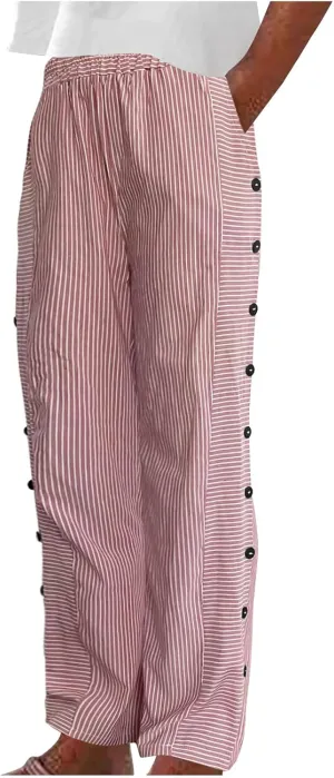 Womens Striped Side Button Pant Stretch High Waist Straight Leg Pant Loose Casual Aesthetic Retro Trouser with Pocket