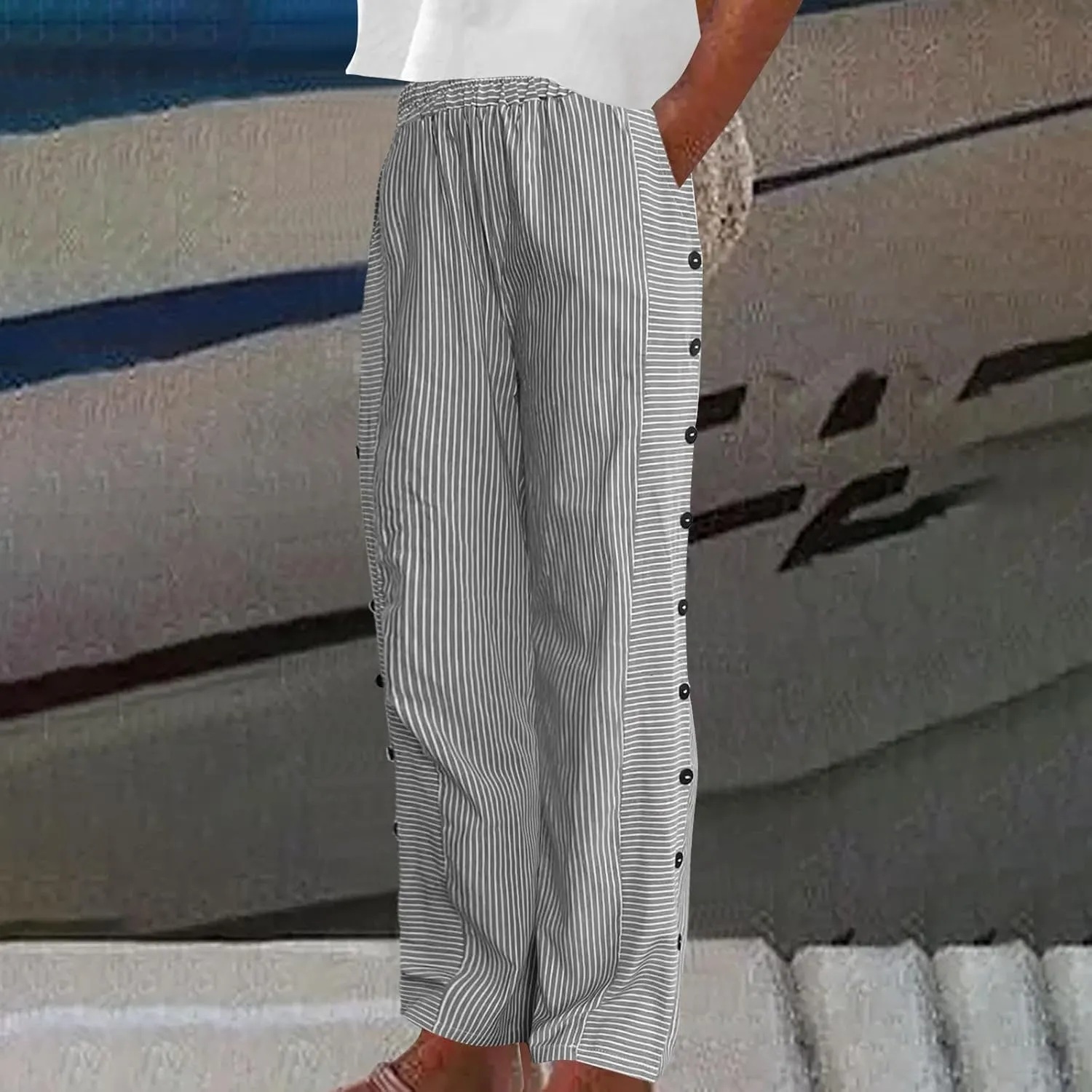 Womens Striped Side Button Pant Stretch High Waist Straight Leg Pant Loose Casual Aesthetic Retro Trouser with Pocket
