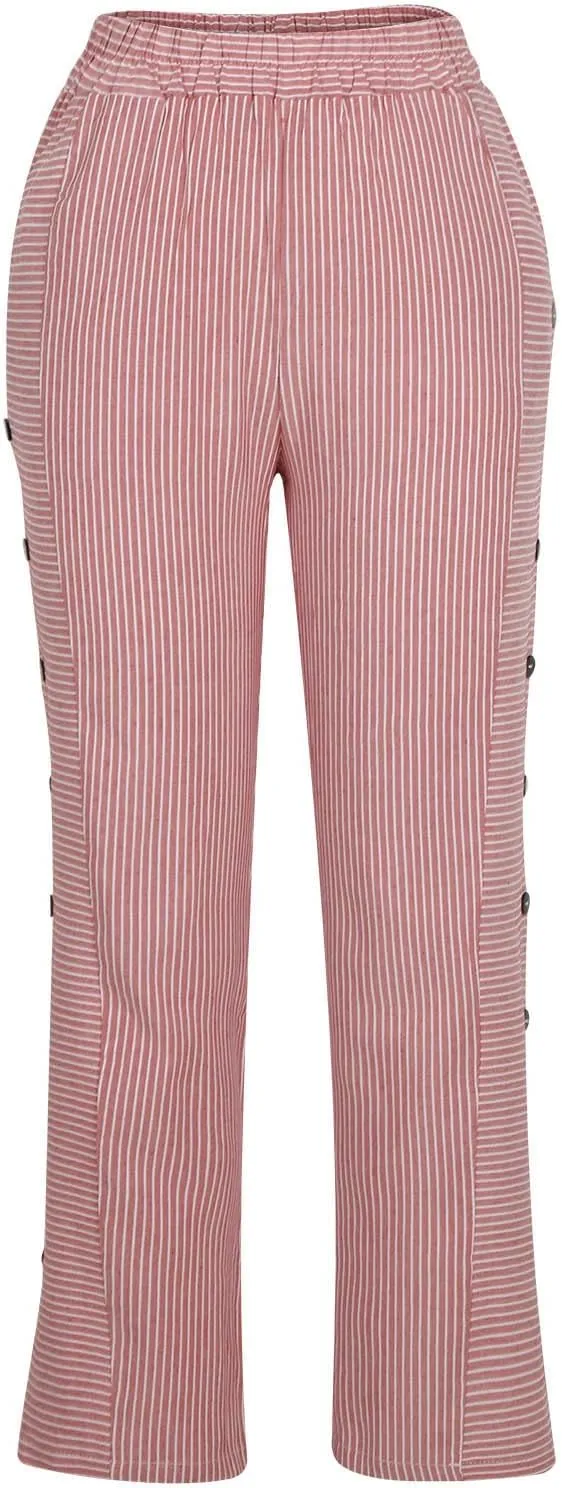 Womens Striped Side Button Pant Stretch High Waist Straight Leg Pant Loose Casual Aesthetic Retro Trouser with Pocket