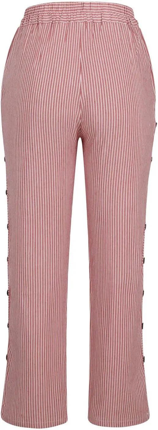 Womens Striped Side Button Pant Stretch High Waist Straight Leg Pant Loose Casual Aesthetic Retro Trouser with Pocket