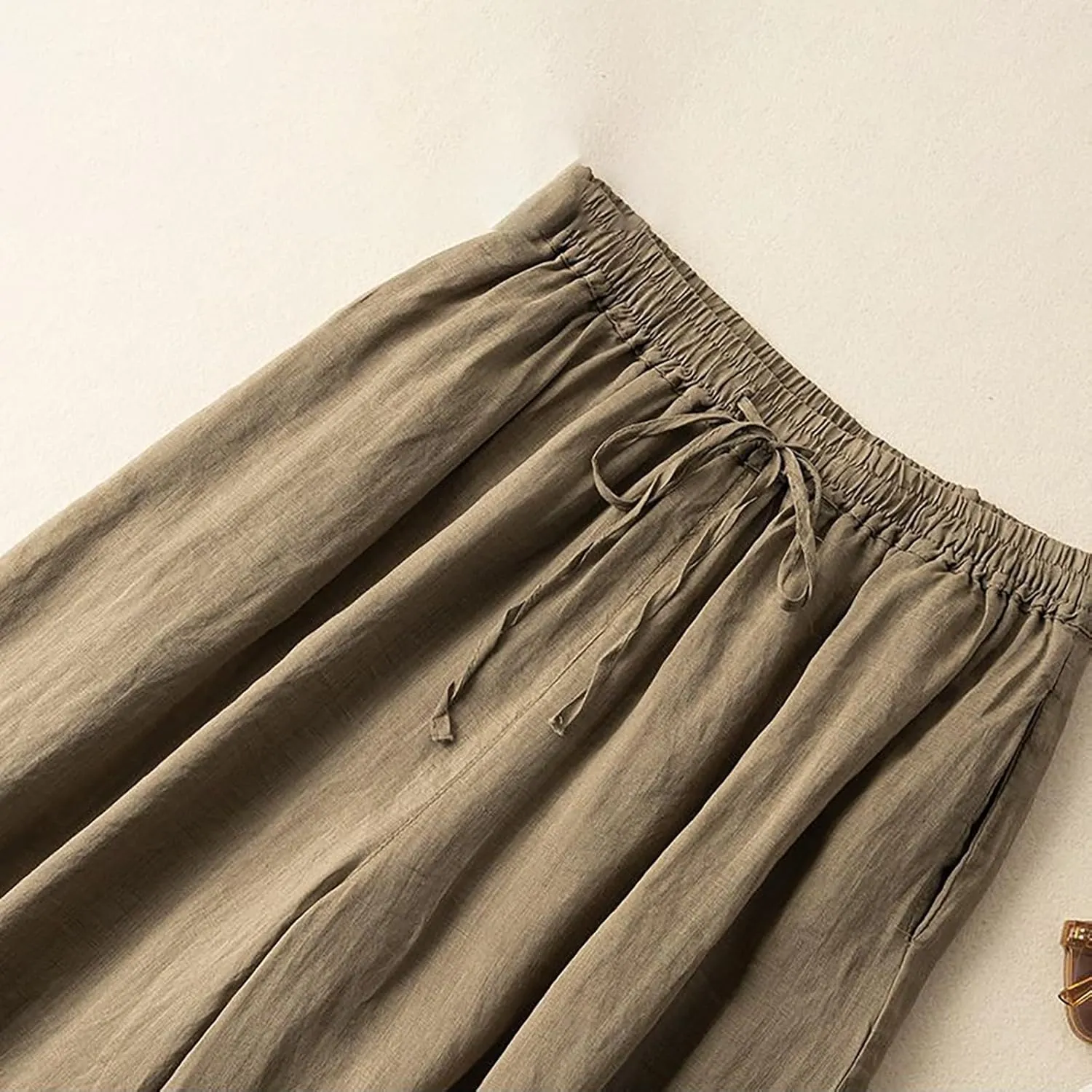 Womens Summer Cotton Linen Dress Pants Wide Legs Pure Color Pant High Waisted Drawstring Loose Trousers