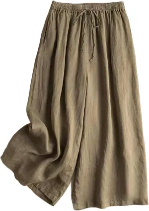 Womens Summer Cotton Linen Dress Pants Wide Legs Pure Color Pant High Waisted Drawstring Loose Trousers
