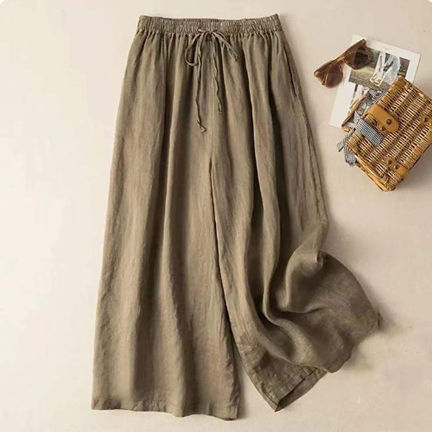 Womens Summer Cotton Linen Dress Pants Wide Legs Pure Color Pant High Waisted Drawstring Loose Trousers