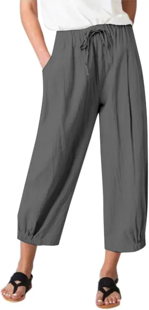 Womens Summer Cotton Linen Pants Drawstring Waist Pure Color Casual Pant Daily Loose Trousers with Side Pockets